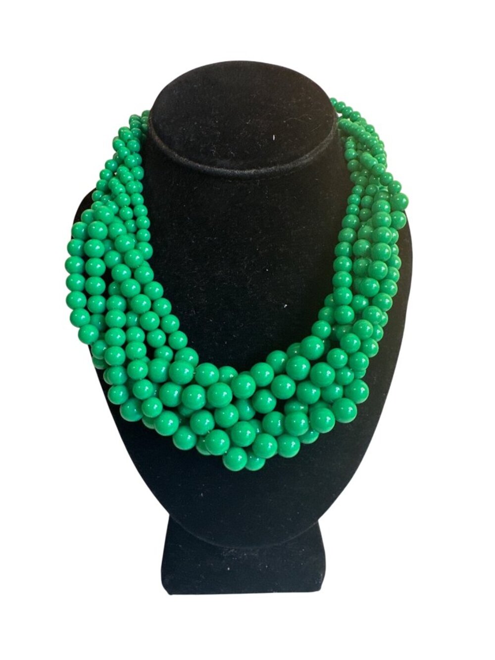 VTG Kelly Green Multi-Strand Beaded Statement Necklace  Round Beads Chunky